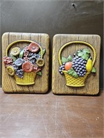 MCM HOMCO BASKET OF FRUIT AND FLORAL PLAQUES