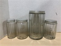 4 Clear Glass Coffee, Tea, Hoosier Jars with lids