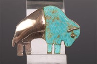 STERLING & TURQUOISE BUFFALO BROOCH NATIVE AMER.