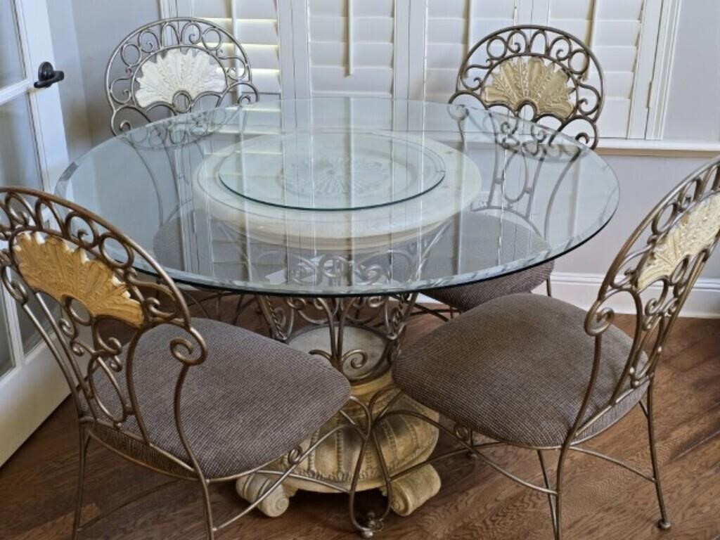 Round Glass Top Table w/ Iron Chairs & Base