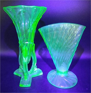 Uranium Depression Glass Vases, Tallest 9"