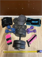 Assorted weight, back braces, black bag- all