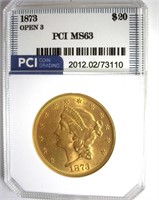1873 Open 3 Gold $20 MS63 LISTS $6500