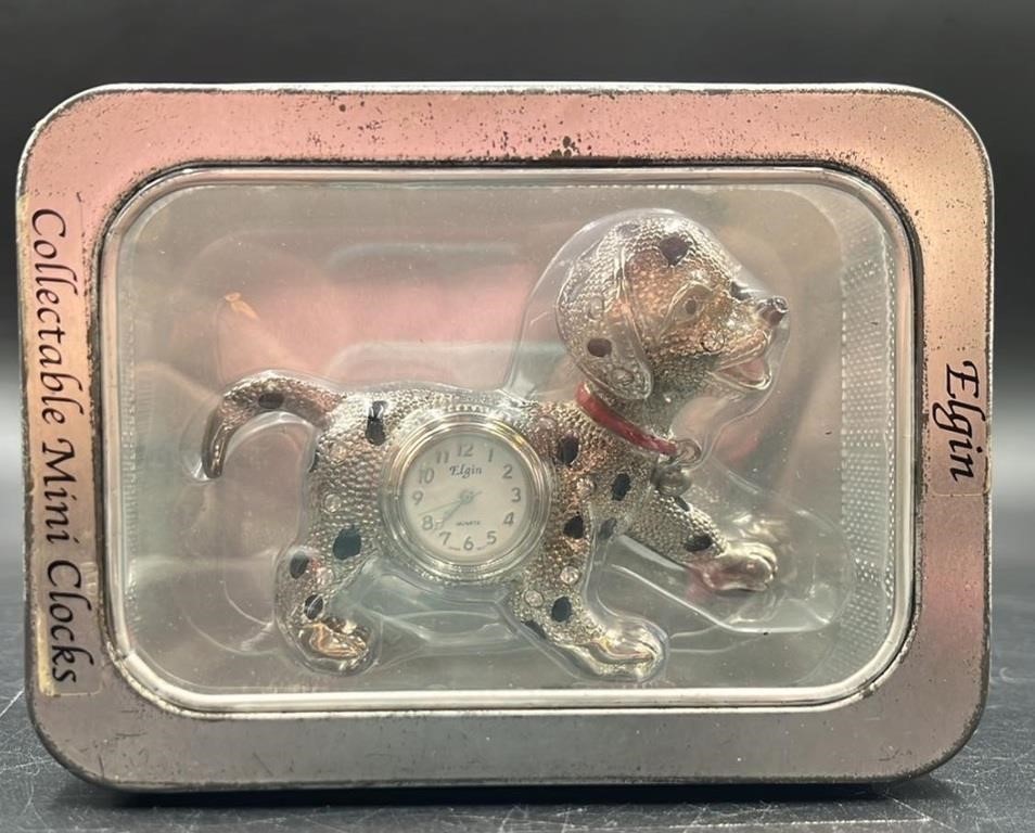 Vtg Elgin Dalmatian Mini Clock NOS