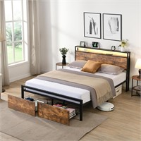 Full Size Bed Frames with 2-tier Shelves Headboard