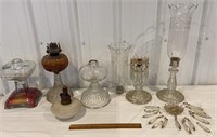 Box of oil lamps and 2 beautiful candleholders