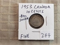 1953 Canada 10 Cents F 0.800 Silver