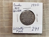 1910 Canada 25 Cents F 0.925 Silver