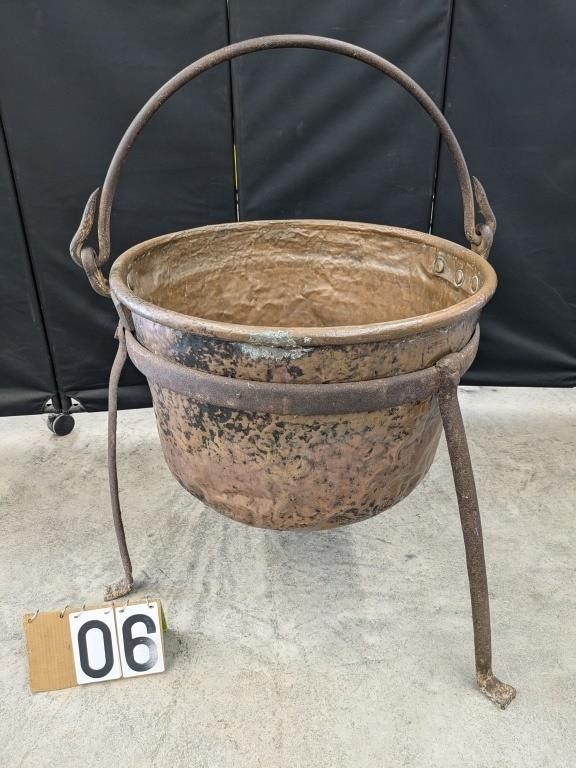 Large Brass Kettle w/ Wrought Iron Stand & Handle