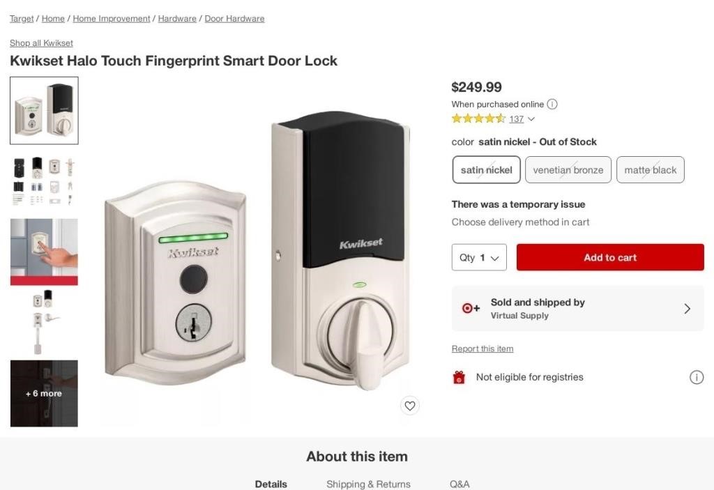 C2262  Kwikset Halo Touch Smart Door Lock, Satin N