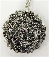 Antique Looking Silver Rose w/ Rhinestone Pendant