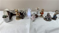 Porcelain figures, light up angel, wooden shelf