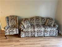 FLORAL COUCH & QUEEN ANNE CHAIR