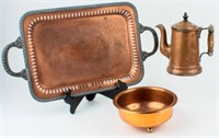 Antique Copper Teapot, Gotham Tray, & Bowl