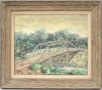 Original Wood Bridge Scene Oil Painting
