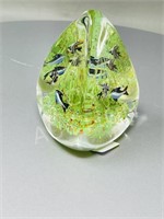 art glass paperweight w/ fish & label - 5" tall
