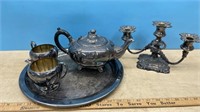 Silver Plate Teapot, Cream & Sugar, Tray and