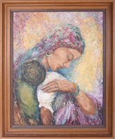 CUBAN MOTHER MARY HOLDING CHILD OIL PAINTING