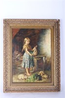 HEINRICH HIRT OIL PAINTING ON BOARD GIRL W/ RABBIT