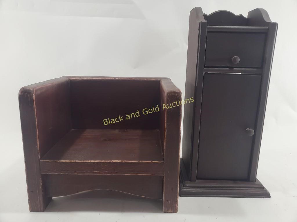 Miniture Dark Wood Cabinet & Child's Seat