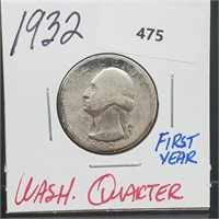 First Yr 1932 90% Silver Washington Quarter