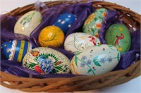Basket of Hand Decorated Wooden Eggs