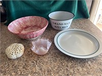 Pink pottery bowl, pink fluted candy dish etc