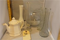 Vases, tea pot, and glass bowl
