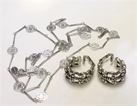 Avon Silver Flower Lace Chain & Clip Hoop Earrings