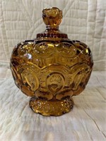 AMBER CUT GLASS COVERED CANDY DISH
