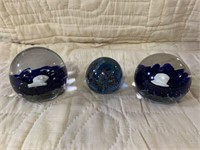 3 BLUE TONED COLORFUL ART GLASS PAPER WEIGHTS -- 3