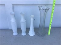 TALL FLUTED TOP GLASS VASE & 3 MORE VASES
