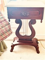 MARBLE TOP LYRE BASE ONE DRAWER STAND