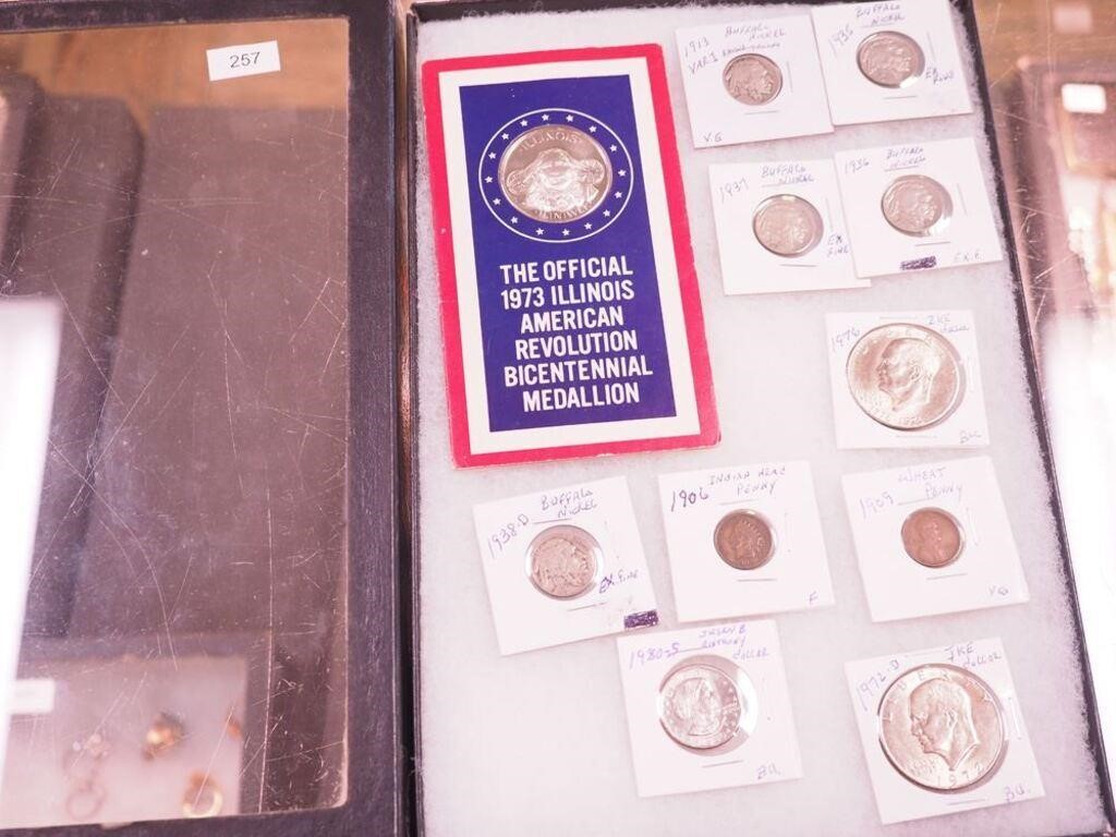 U.S. coins including Buffalo nickels, Indian