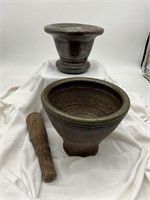 Two Stoneware Mortars & One Pestal