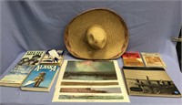 Lot of; a grass woven sombrero, 4 laminated placem