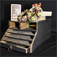 OLD STATIONARY BOX, ARTIFICIAL FLOWERS