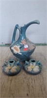 Roseville Pitcher & 2 Candle Holders