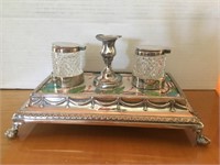 Vintage plated double inkwell with candle stick