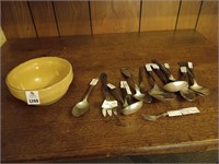 Early crock bowl & silverware