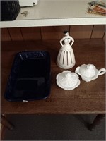 Pottery baking pan, napkin girl, cream & sugar