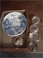 Blue Brock plates & glass paperweights
