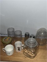 Clear glasses with lid dish, glass, salt, and