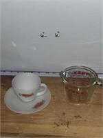 Fire king, teacup, and saucer with Pyrex glass