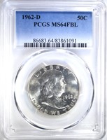 1962-D FRANKLIN HALF DOLLAR, PCGS MS-64 FBL