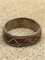 Vtg Sterling Silver Southwest Ring w/ Inlaid