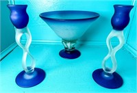 BLUE COBALT FRUIT BOWL & CANDLESTICKS