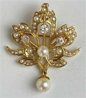 14K Gold, Diamond, & Pearl Brooch