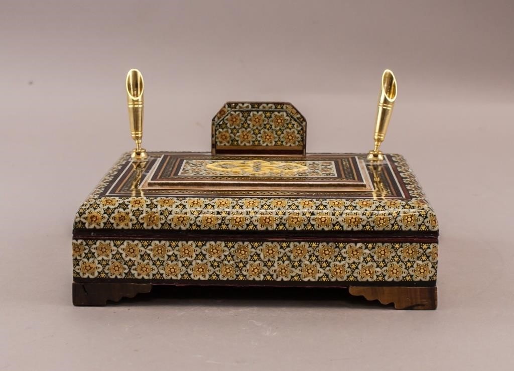 Antique Persian Marquetry Wood Desk Pen Holder Box