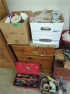 Small Three- Drawer Dresser, Box Lots, Tool Box